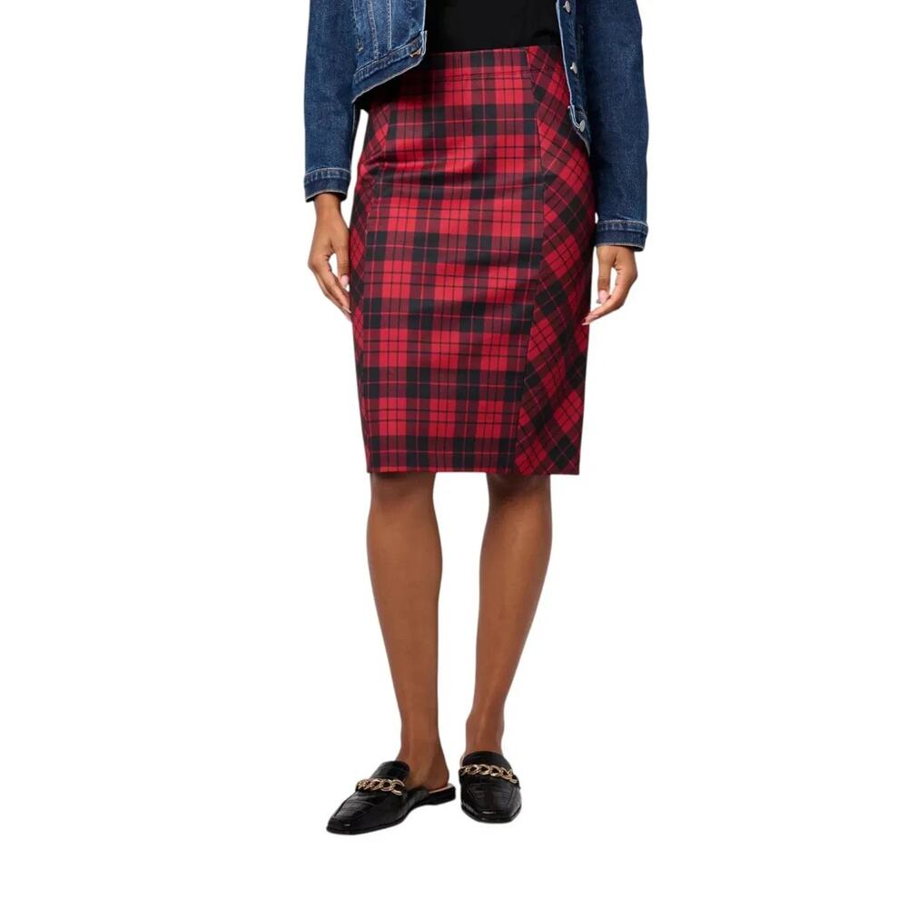 Susan Graver Printed Ponte Knit Pull-On Pencil Skirt Red Plaid Size 2X Petite